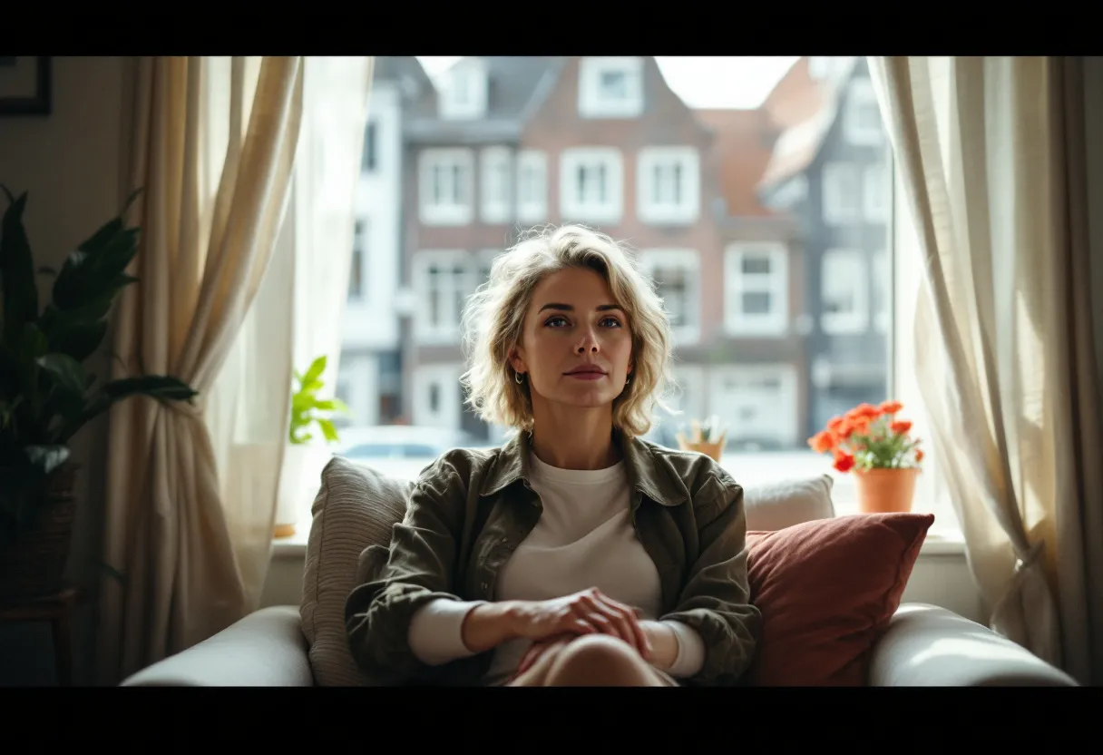 Een stralende vrouw van middelbare leeftijd met een natuurlijk ogende, volle huid, ontspannen zittend in een lichte praktijkruimte in Gent, met zicht op de historische Graslei door het raam.