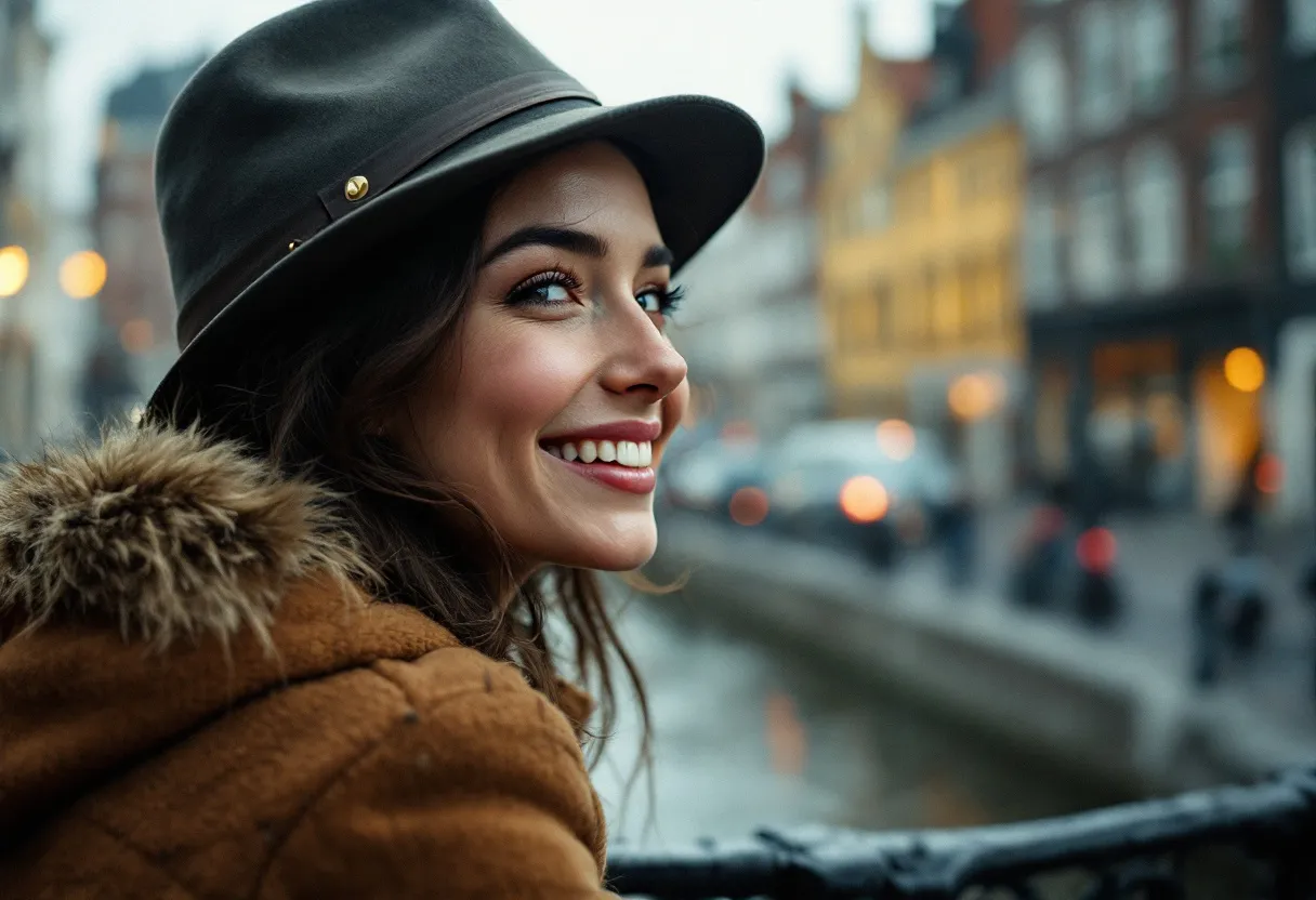 Een close-up van een lachende vrouw met een egale, stralende huid, leunend tegen een vensterbank met uitzicht op de historische binnenstad van Gent.