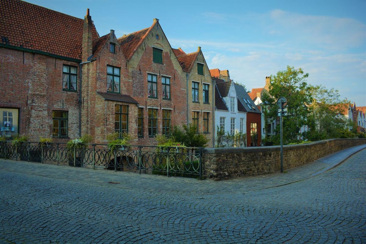 Old brick houses along a cobbled street