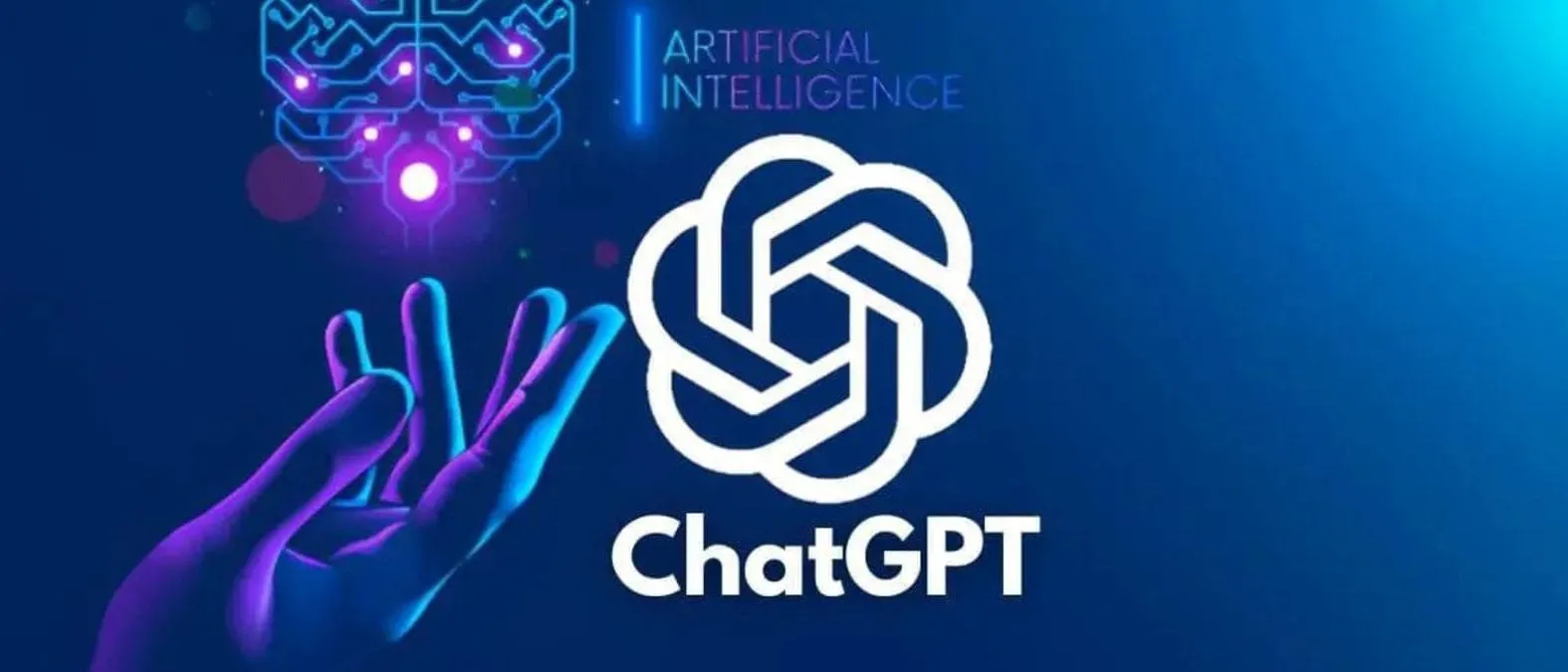 ChatGPT-logo met hand en neonlichten over artificial intelligence