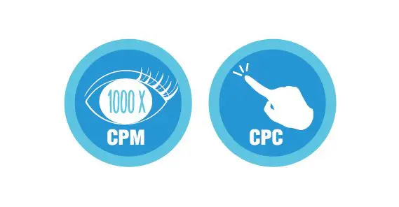 Twee blauwe iconen voor CPM met oog en CPC met klik