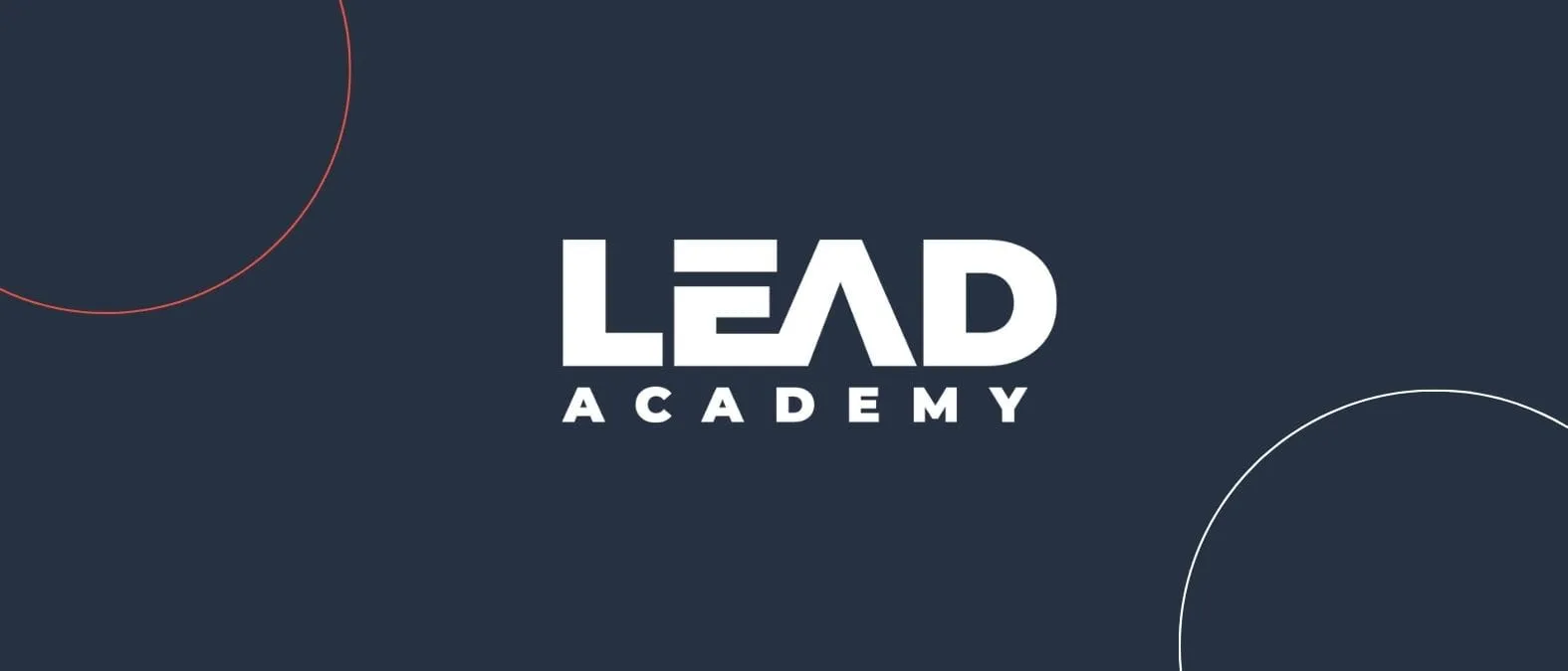 Lead Academy logo op donkerblauwe achtergrond met decoratieve cirkels