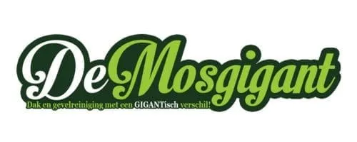 Logo van De Mosgigant met groene letters en witte achtergrond