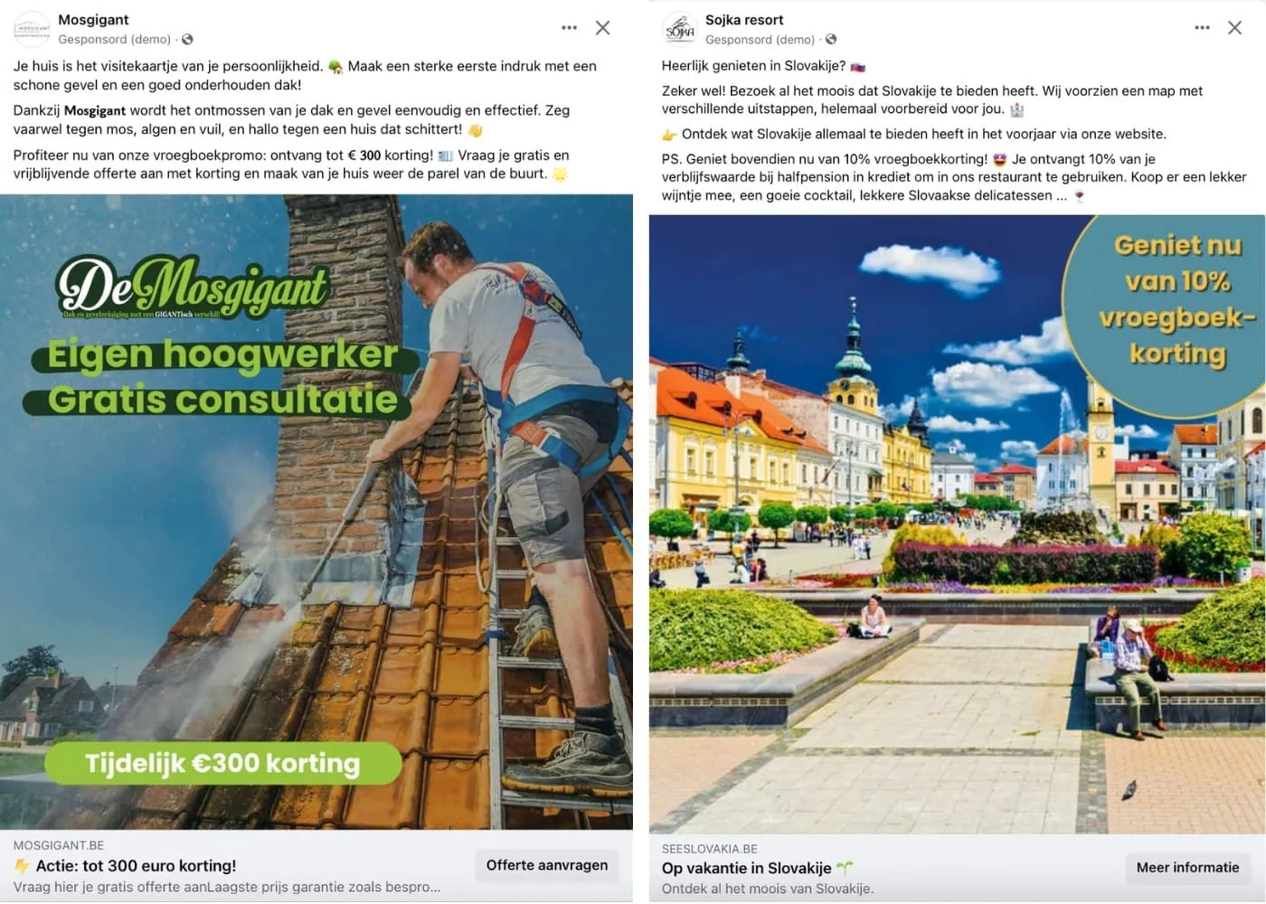 Twee Meta advertenties naast elkaar, een bouwbedrijf en een stadsplein