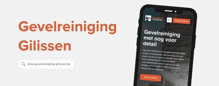 Smartphone met website van Gevelreiniging Gilissen naast logo en URL