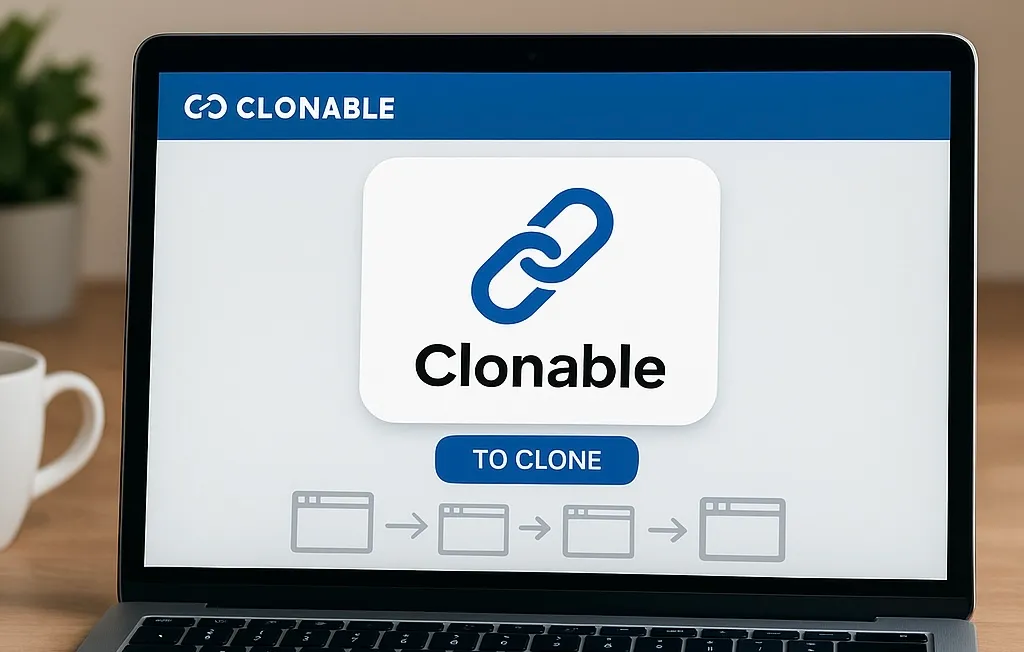 Laptop met Clonable-logo en knop om website te klonen