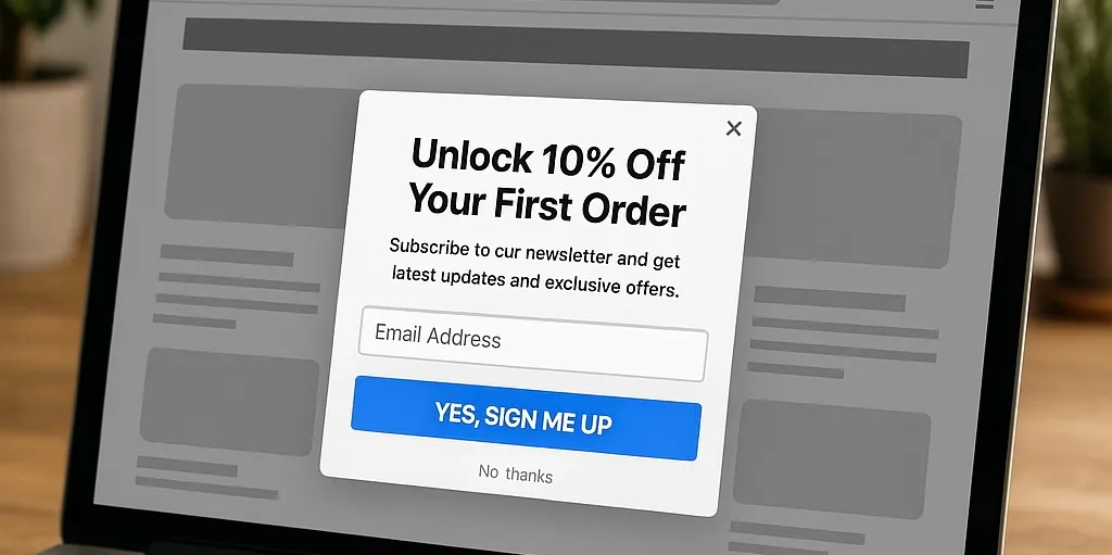 Sleeknote popup met 10% korting aanbieding op laptopscherm